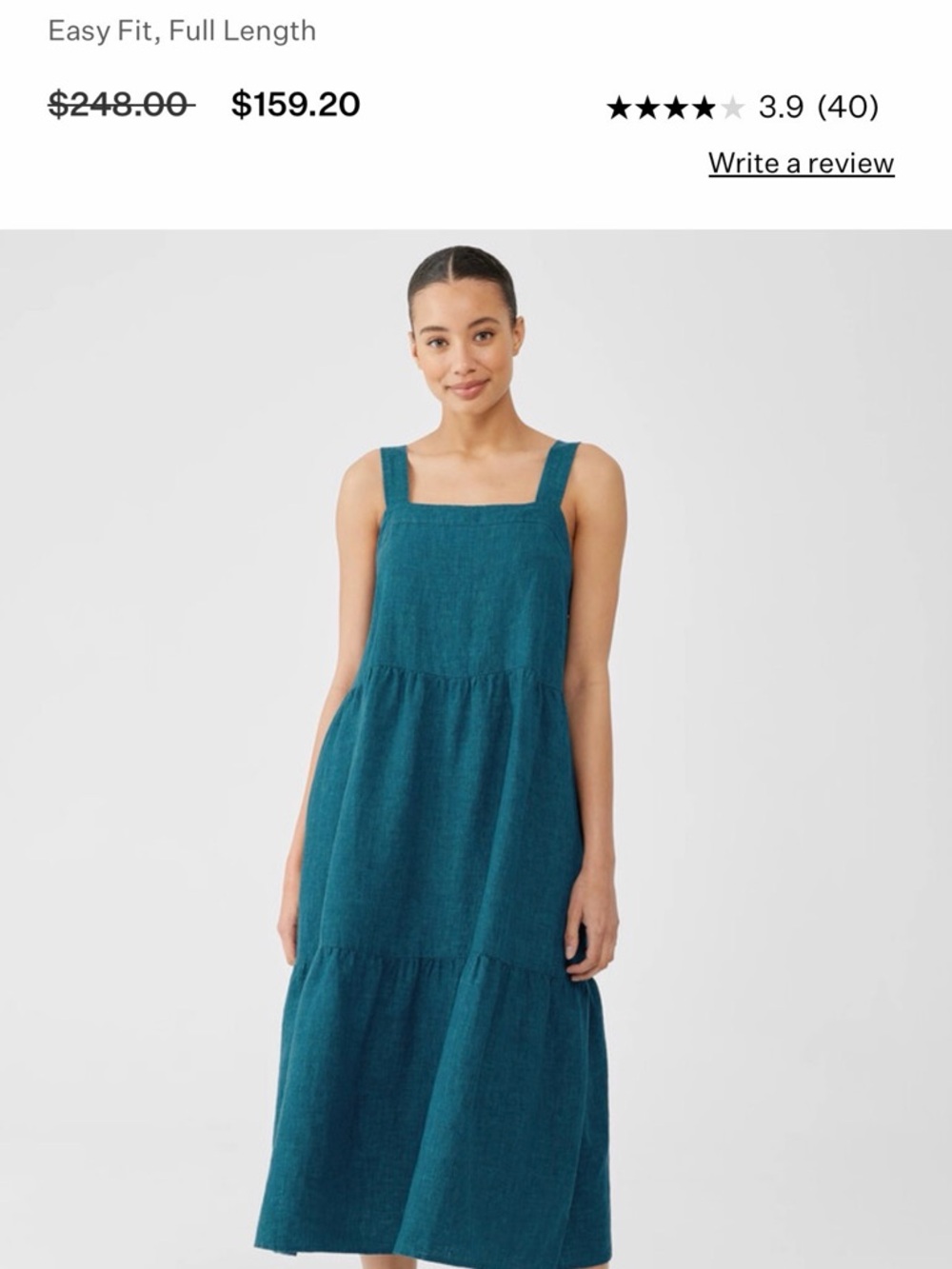 Eileen Fisher Women’s Teal Square-Neck Tiered Midi Dress. 100% organic linen.